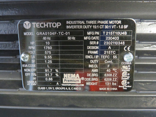 TechTop GRA0104F-TC-01 Motor 10HP 1760rpm 575V 215TC TEFC 3Ph 9.55FLA 60Hz NOP