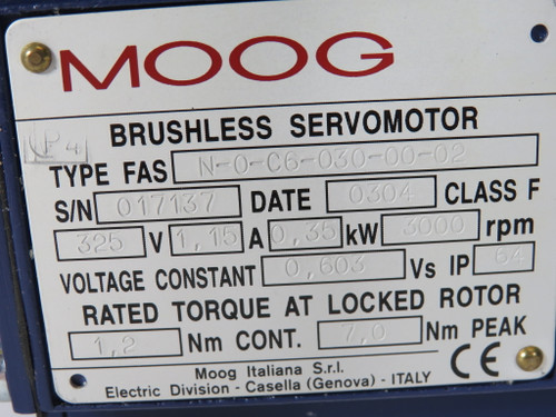 Moog FAS-N0-C6-030-00-02 Brushless Servo Motor 0.35kW 3000rpm 325V WEAR NOP