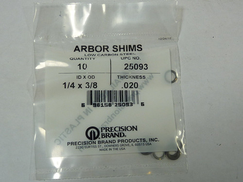 Precision Brand 25093 Arbor Shims 1/4"ID 3/8"OD .020"Th Pack of 10 NEW