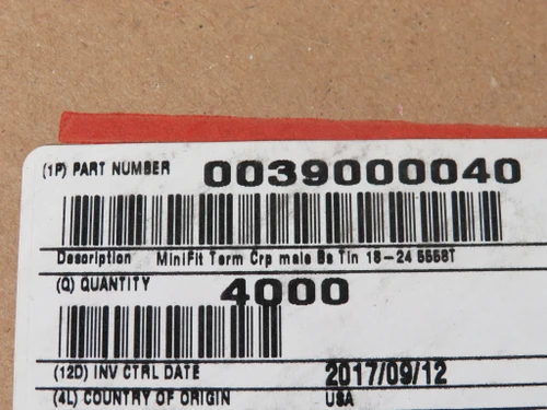Molex 39000040 Mini-Fit Male Crimp Terminal 18-24AWG CUT LENGTH NEW