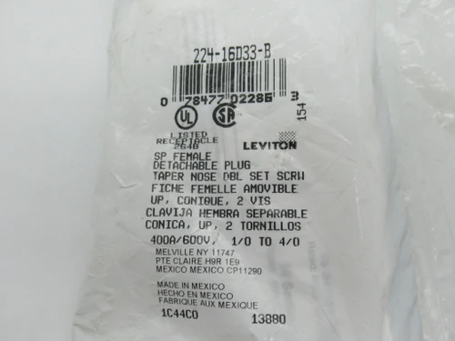 Leviton 16D33-B Cam-Type Detachable Female Plug 400A 600V 1/0-4/0 Blue NWB