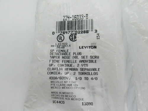 Leviton 16D33-B Cam-Type Detachable Female Plug 400A 600V 1/0-4/0 Blue NWB