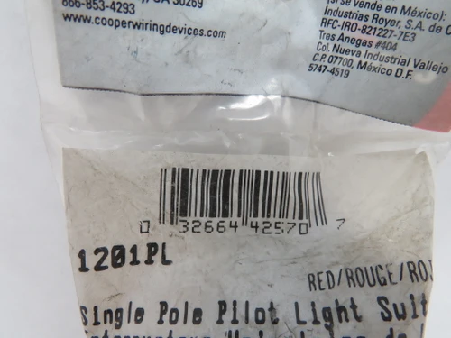 Cooper 1201PL Pilot Toggle Switch RED 15A 120/277VAC 1P SHELF WEAR NWB