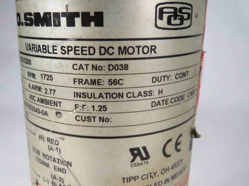 A.O. Smith Variable Speed DC Motor 1/4HP 1725rpm 56C TEFC 90VARM 2.77AARM USED