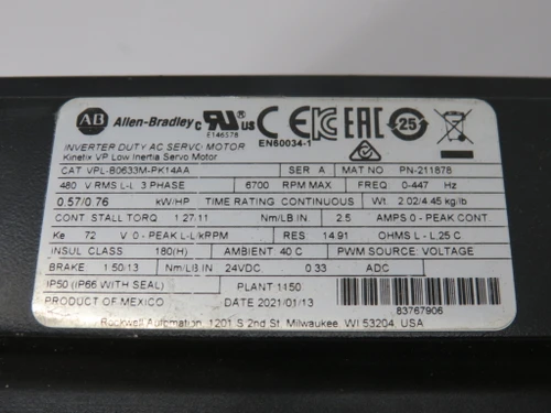 Allen-Bradley VPL-B0633M-PK14AA AC Servo Motor 0.57kW 6700rpm 480Vrms USED