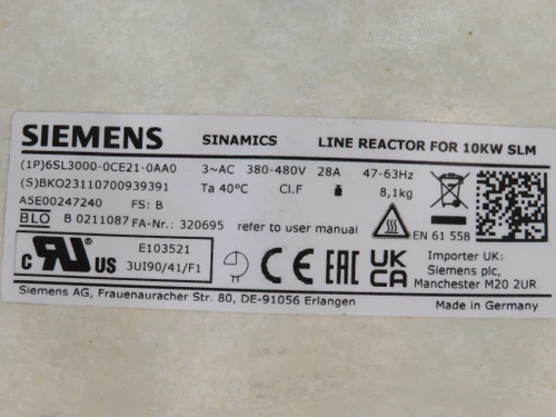 Siemens 6SL3000-0CE21-0AA0 Sinamics Line Reactor 3Ph 380-480V 28A 47-63Hz NOP