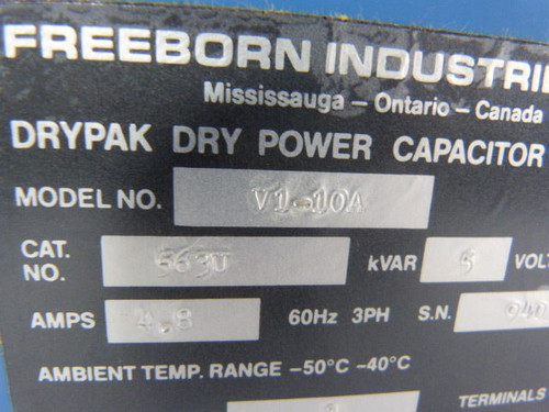 Freeborn V1-10A 563U DryPak Dry Power 3Ph Capacitor 5KVAR 600V 4.8A 60Hz ! NEW !