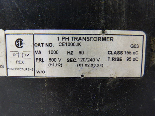 Rex Manufacturing CE1000JK Transformer 1Ph 1000VA 60Hz USED