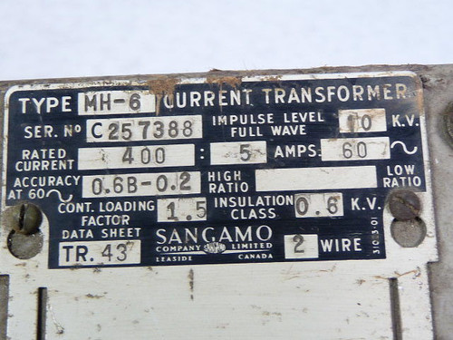 Sangama MH-6-400 Current Transformer 400:5A 60Hz 0.6kV USED