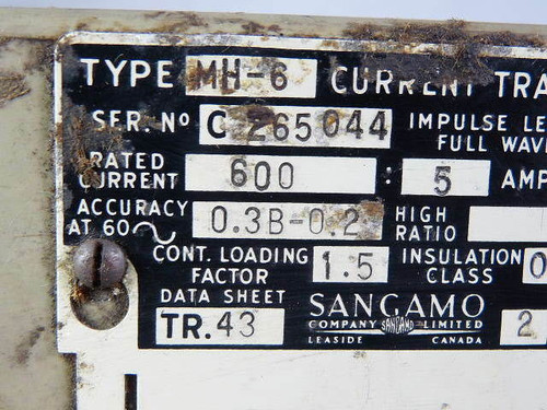 Sangama MH-6-600 Current Transformer 600:5A 60Hz 0.6kV USED