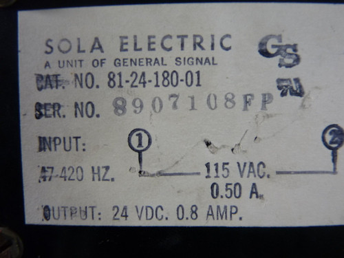 Sola Electric 81-24-180-01 Power Supply In: 115VAC 0.5A Out: 24VDC 0.8A USED