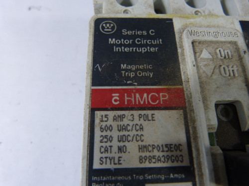 Westinghouse HMCP015E0C Circuit Breaker 600VAC 3PoleUSED