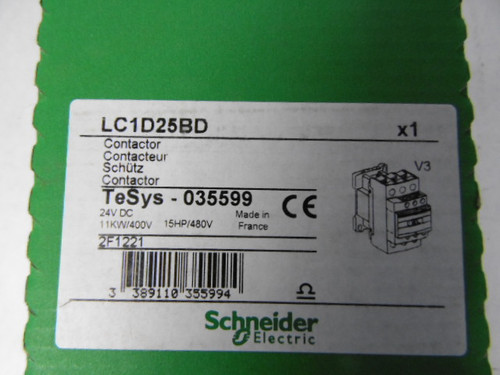 Schneider LC1-D25-BD Contactor 25 Amp 3 Pole 24 VDC 1 No / 1 NC AUX ! NEW !