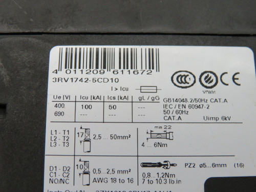 Siemens 3RV1742-5CD10 Circuit Breaker 20A 600Y/347/480VAC 3P USED