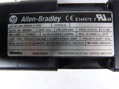 Allen-Bradley MPL-B1520F-V-X216 Servo Motor USED