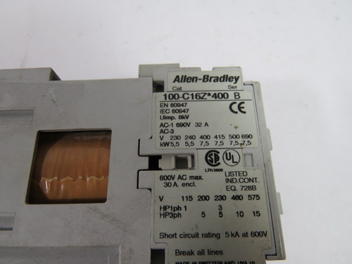 Allen-Bradley 100-C16ZJ400 Ser B Contactor 16A 24VDC *Cosmetic Damage* USED