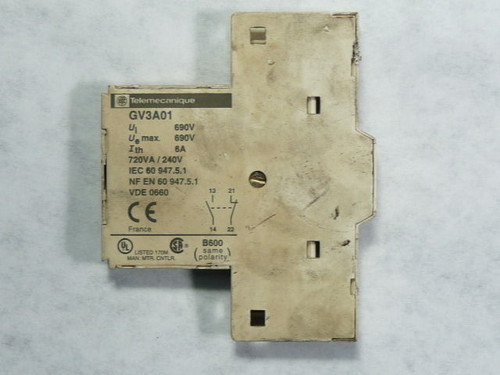 Telemecanique GV3A01 GV3-A01 Auxiliary Contact 5A 600VAC USED