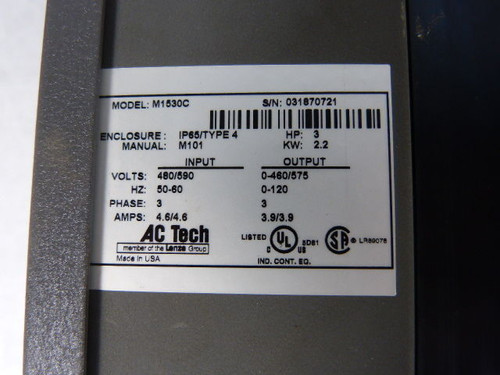 AC Tech M1530C AC Variable Speed Drive 3HP 3.9Amp USED