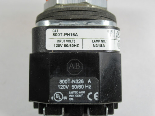 Allen-Bradley 800T-PH16A LED Pilot Light 120VAC 50/60Hz Amber Lens USED
