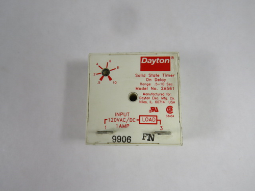 Dayton 2A561 Solid State Timer On Delay .5-10sec 120VAC/DC 1AMP USED