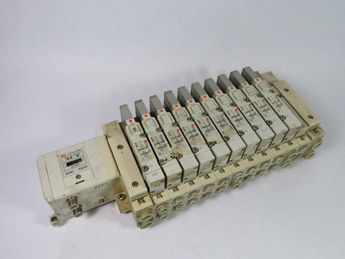 SMC SV3100-5FU Cassette Manifold Block w/EX250-SDN1 & 10 Solenoid Valves USED