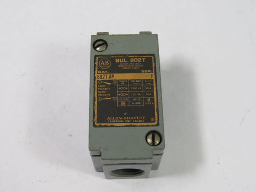 Allen-Bradley 802T-AP Ser F Limit Switch W/O Head 10A 600V 1/2" NPT USED