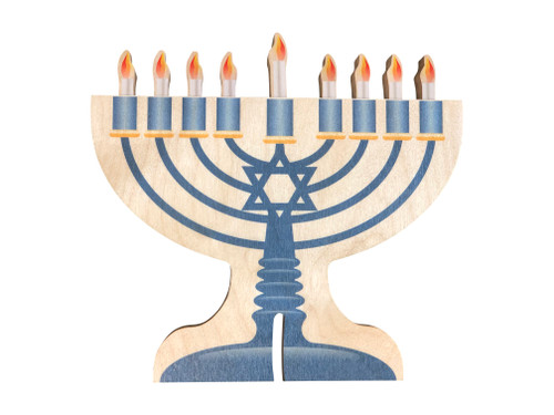 Wooden Menorah with Self -Storing  Fire Free "Candles"