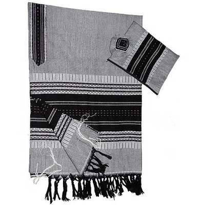 Tallit Set Elia - Wool Black on Gray with Silver by Gabrieli