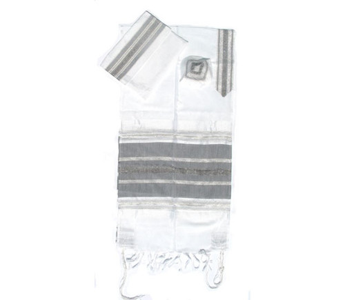 Tallit Set by Gabrieli - White Silk with Black and Silver Stripes