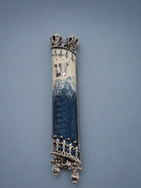 Ornate Blue & Silver Torah Scroll-Inspired Mezuzah Case