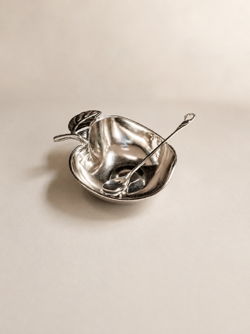 Polished Apple Honey Dish with Coordinating Spoon - Nickel