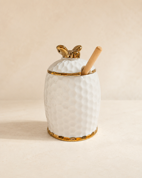 White & Gold Bee Honey Pot with Wooden Dipper