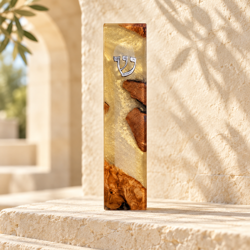 Golden Pearl Resin & Natural Wood Mezuzah Case