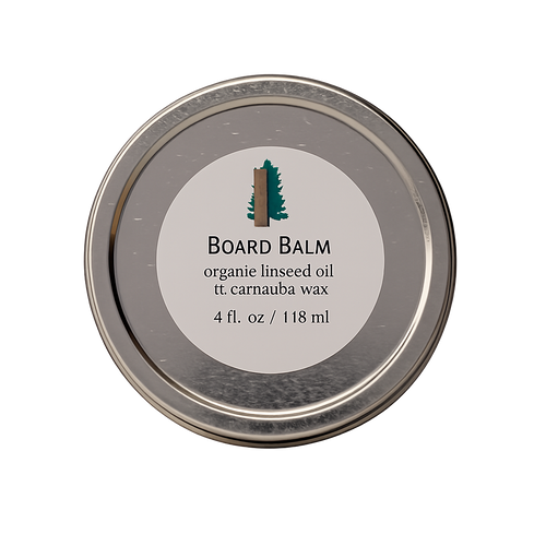 Organic board balm by Treeboard, in a tin. Made from organic carnauba wax and raw organic linseed (flaxseed) oil, cold pressed. test