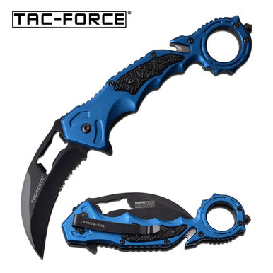 TAC-FORCE TF-972BL Hawkbill Folding Spring Assisted Pocket Knife Blue - Blade Open and Closed