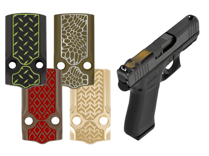 NDZ Glock 43X, 48 MOS Optic Cover Plate with Engraved Patterns, Brass - Multiple Variations