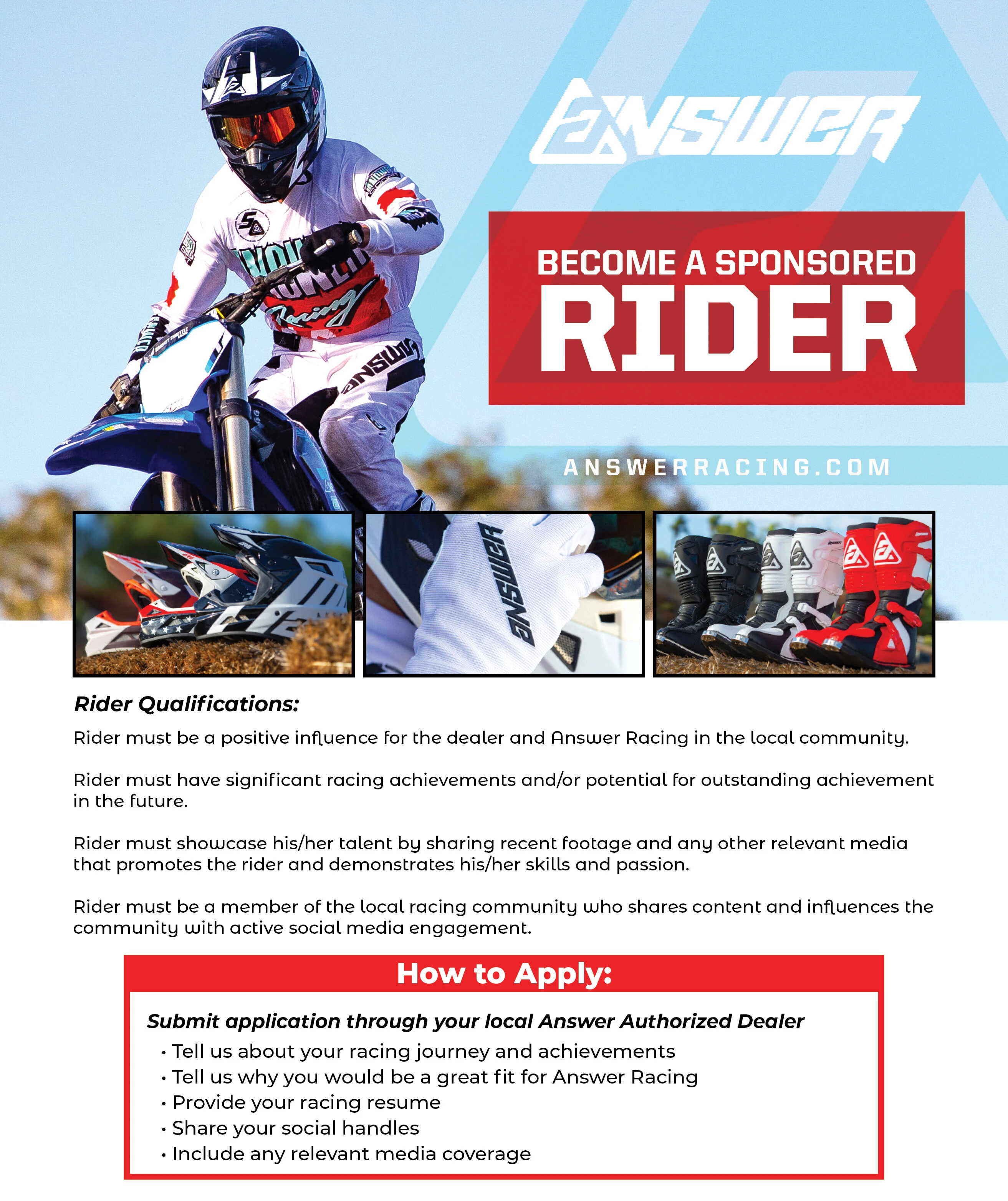 Answer Racing Rider Support Program Flyer and Overview