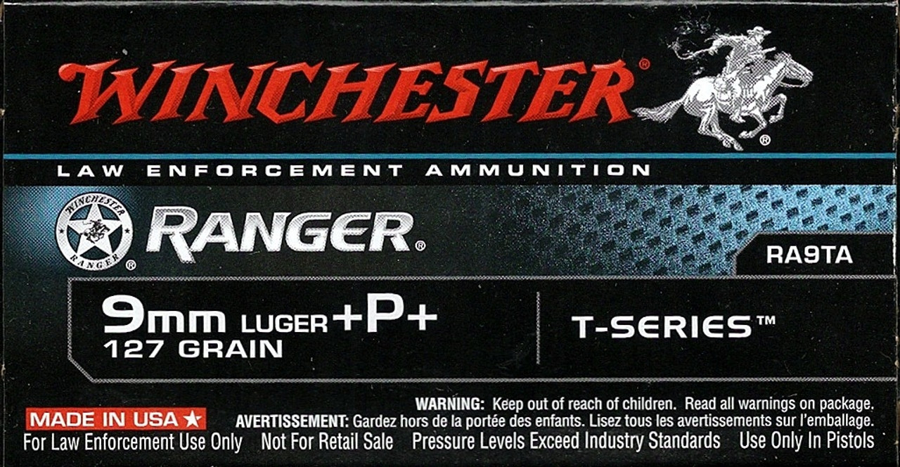 500 Rounds Winchester Ranger T-Series RA9TA - 9mm 127 grain +P+ Jacketed Hollow Point