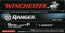250 Rounds Winchester Ranger T Series RA9124TP - 9mm +P 124 grain Jacketed Hollow Point
