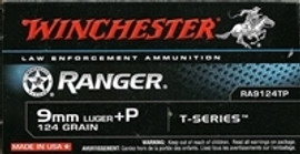 50 Rounds Winchester Ranger T Series RA9124TP - 9mm +P 124 grain Jacketed Hollow Point - Minimum 3 Boxes