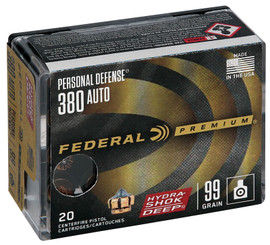 20 Rounds Federal Premium Personal Defense Hydra-Shok Deep .380 Auto 99gr JHP - P380HSD1 - Minimum 2 20 Rounds Federal Premium Personal Defense Hydra-Shok Deep .380 Auto 99gr JHP - P380HSD1 - Minimum 2