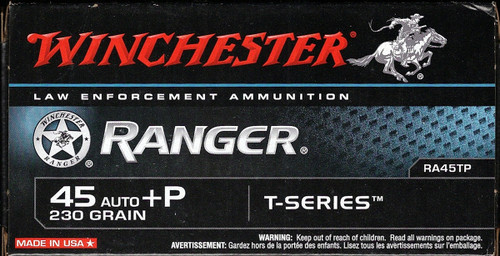 500 Round Sealed Case Winchester Ranger T-Series RA45TP - 45 ACP +P 230 grain Jacketed Hollow Point in 50 round black boxes