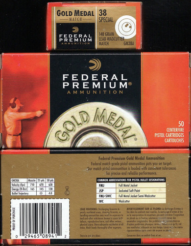 500 Rounds Federal Premium GM38A Gold Medal Match .38 Special 148gr Lead Wadcutter in 50 round boxes