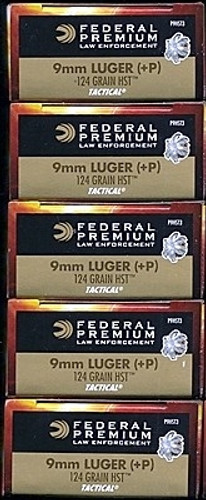 250 rounds Federal Premium LE Tactical P9HST3 - 9mm 124gr +P HST Jacketed Hollow Point in 50 round boxes
