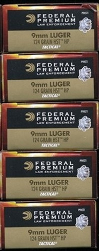 250 rounds Federal Premium LE Tactical P9HST1 - 9mm 124gr HST Jacketed Hollow Point in 50 round boxes