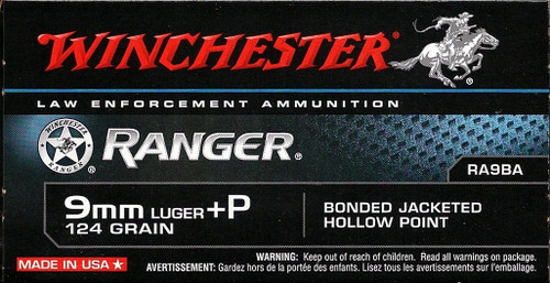 250 Rounds Winchester Ranger Bonded RA9BA - 9mm 124 grain +P Bonded Jacketed Hollow Point in 50 round boxes