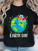 Women's Earth Day T-Shirt - Cute Floral Earth Graphic, Soft, Casual Fit, Short Sleeve, Round Neck, Machine Washable, Black with Colorful Design, Ladies T Shirts