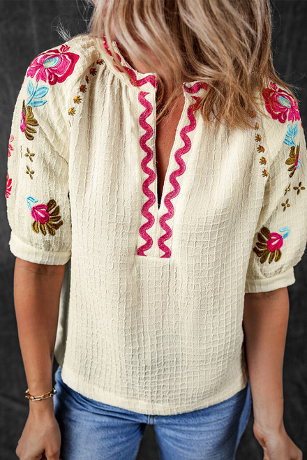 August Floral Embroidered Puff Sleeve Blouse