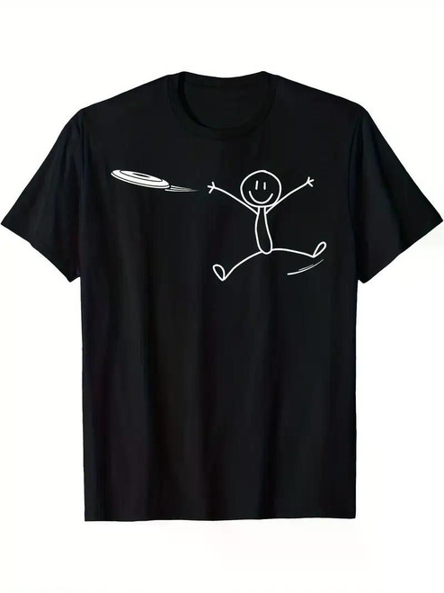 Hand Drawn Frisbee Golf Fun Ultimate Game Print T-Shirt, Comfortable & Breathable, Casual Short Sleeves, Everyday Wear, All Seasons, Black Men's