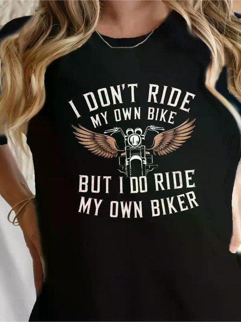 Women's Soft Motorcycle Biker & Wings Graphic Print Crew Neck Short Sleeve T-Shirt - Black, Casual Comfort Fit, Machine Washable